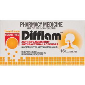 Difflam Anti-Inflammatory + Antibacterial Sore Throat Dual Action Honey Lemon Lozenges 16s