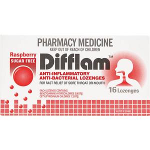 Difflam Anti-Inflammatory + Antibacterial Sore Throat Dual Action Raspberry Lozenges 16s