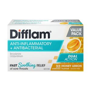 Difflam Anti-Inflammatory + Antibacterial Sore Throat Dual Action Honey Lemon Lozenges 32s