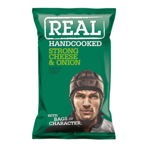 Crisps Snacks: Real Crisps Hand Cooked Strong Cheese and Onion 150g