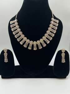 Products: Beautiful Rose Golden American Diamond Stone Studded Necklace Set – Unique Ethnic Wear