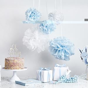 Puffs Bring Your Party Decor To Life: Ready to Pop Paper Pom Poms - Blue and White