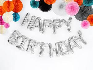 Script And Phrase Balloons: Happy Birthday Balloon Banner - Silver