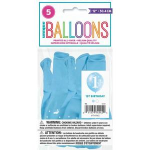 1st Birthday Balloons (5) - Blue Gingham (12")