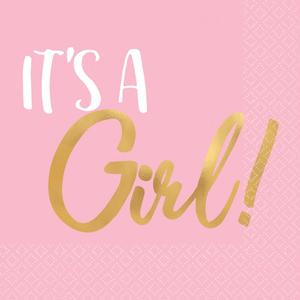 It's A Girl Baby Shower Napkins (16) - Pink and Gold