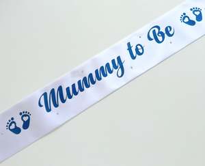 Baby Showers: Mummy to Be sash - White with Blue *NEW FABRIC*