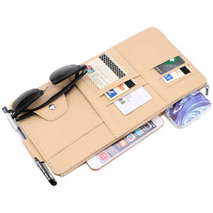 Frontpage: Leather Car Sun Visor With Multi-card Holder, Storage Wallet - Cream