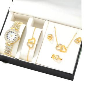 Gift Set: Artificial Gold Diamond 5pcs Gift Set : Necklace, Bracelet, Watch, Earrings & Ring