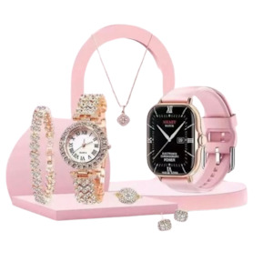 Gift For Her: New 6-in-1 Gift Set Artificial Gold Diamond Watch, Neckless, Earing N More