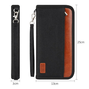 Passport Wallet Documents Organizer Zipper Case With Wristlet Strap - Black