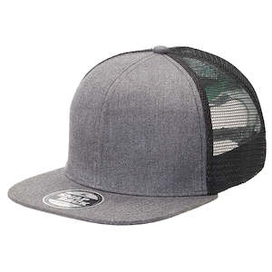 Snapback Caps: Heathered Flat Peak Trucker Cap – Structured 6-Panel, Breathable Mesh, Adjustable Snapback