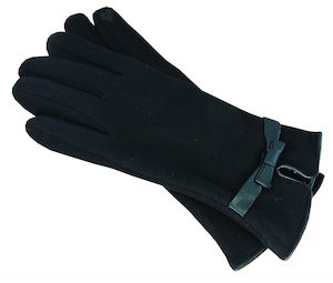 Polyester Stretch Gloves with Faux Leather Trim and Touchscreen Bow Detail