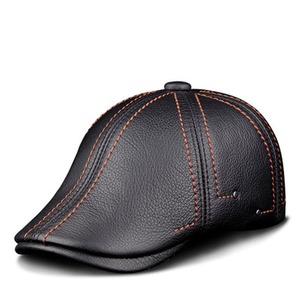 Black Genuine Leather Duckbill Cap - Timeless Cowhide Hat For Modern Street Style