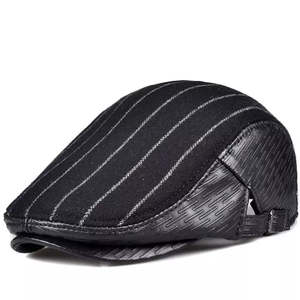 Berlin Striped Black Flat Cap - Leather