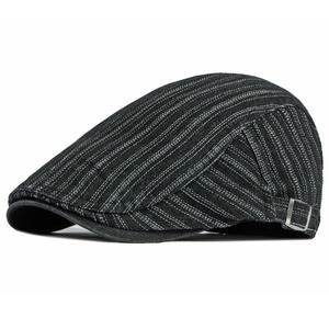 Sook Striped Denim Flat Cap - Classic Cotton Flat Cap With Striped Denim Casual Style