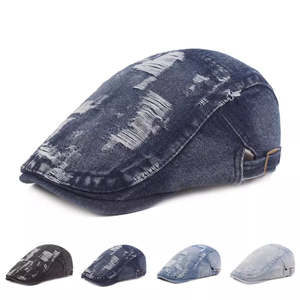 Classic Ripped Denim Flat Cap - Casual Denim Flat Cap With Rugged Street-Ready Edge