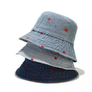 Hearts Denim Bucket Hat - Denim With Red Hearts Motif For Casual Style Trendy Appeal