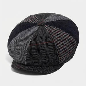 Vintage Newsboy Cap With Tonal Herringbone Check Patchwork - Urban Caps