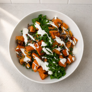 All: Roast kumara + puy lentil salad