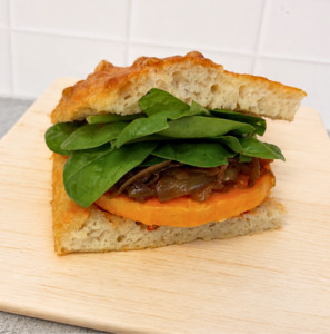 Pumpkin + red pesto focaccia (vegan)