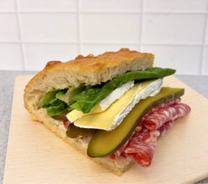 Salami, brie + pickle focaccia