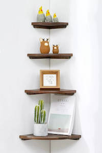Wall Shelves & Ledges: Solid Oak Wood Wall-Mounted Floating Corner Shelf - Walnut