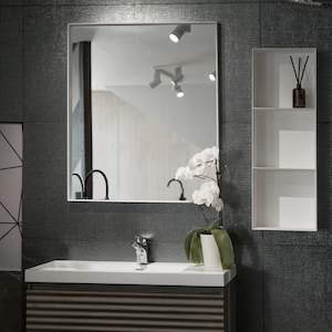 Aruvo Cstone Rectangle Composite Stone Bathroom Mirror White 90cm