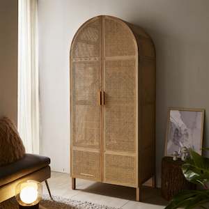Bohoboho: BohoBoho Costa Solid Wood & Rattan Wardrobe, Natural Wood, 85x55x200cm