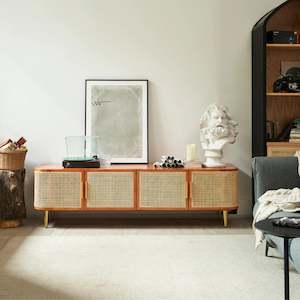 Bohoboho: BohoBoho Luna Solid Wood & Rattan Curved TV Cabinet, Dark Wood, 180x42.5x50cm