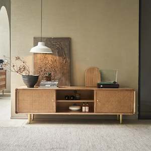 Bohoboho: BohoBoho Laxo Solid Wood & Rattan TV unit, Natural Wood, 220x40x60cm