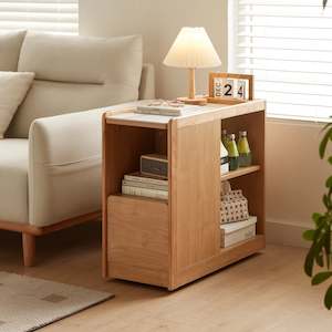 Linspire Cubby Sintered Stone Top Side Table with Castors, 30x70x62cm, Natural Wood