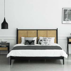 Bohoboho Noir Solid Wood & Rattan Bed Frame, Natural Wood, Black