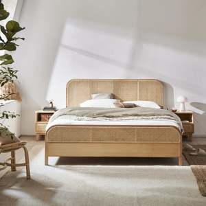 Bohoboho: Bohoboho Nessa Solid Wood & Rattan Bed Frame, Natural Wood