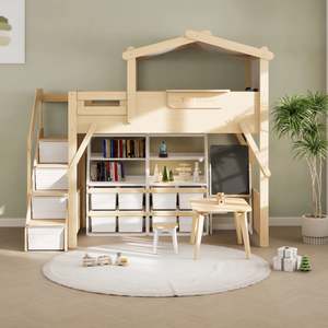 Boori: Boori Treehouse Kids NZ King Single Loft Bed + Roof Frame and Storage Staircase with Tent Canopy, Beech