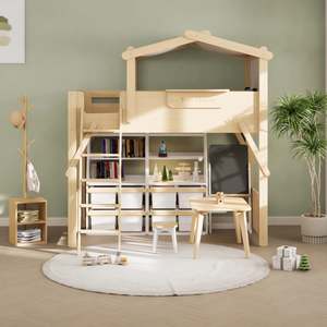 Boori Treehouse Kids NZ King Single Loft Bed + Roof Frame and Ladder with Tent Canopy, Beech