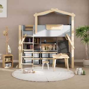 Boori Treehouse Kids NZ King Single Loft Bed + Roof Frame and Ladder with Tent C&hellip;