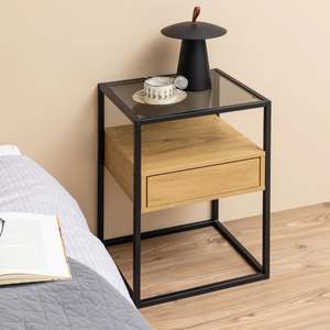 Hjem Design Randolf Bedside Table, Black & Natural Wood