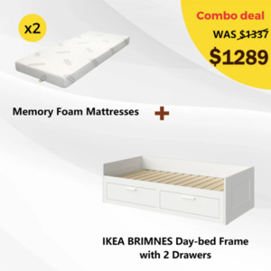 Ikea: IKEA BRIMNES Day-bed Frame and 2 Memory Foam Mattresses Combo, 80x200cm