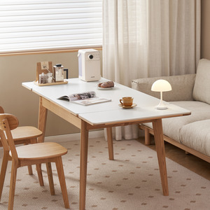 Solidwood Hemura Extendable Dining Table wIth Sintered Stone Top, Oak, White