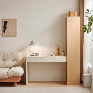 Linspire Rena Desk with Bookcase, Natural Wood & Light Grey
