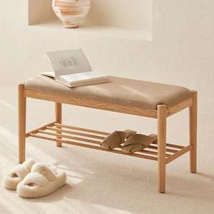 Scandinavian Style Furniture: Solidwood Fuji Shoe Bench with cushion, 80x35x42cm, Natural Wood