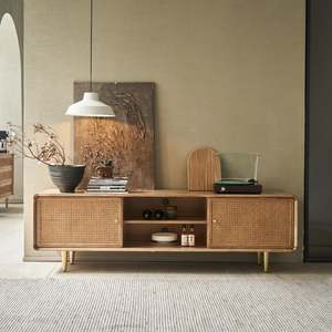 BohoBoho Laxo Solid Wood & Rattan Entertainment unit, Natural Wood, 220x40x60cm