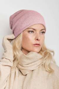 Cashmere Beanies: Cashmere Unisex Roll-Edge Beanie - Dusty Rose