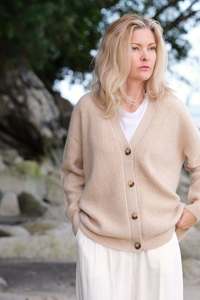 Womens Cardigans: Luxe Relaxed Fit Cashmere Cardigan - Beige