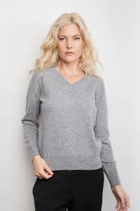 Womens Jumpers: Signature Metro Cashmere Rib V-Neck Sweater - Grey