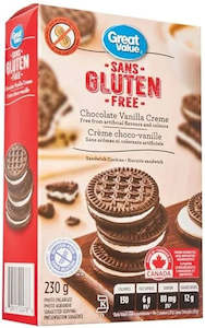 Baked Goods: Great Value Chocolate Vanilla Creme Cookies Gluten Free 230g