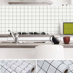 Wall Paper: White Square Pattern Kitchen Wallpaper self adheresive 0.60*5m