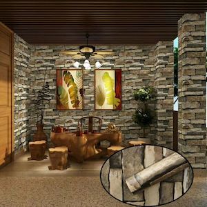 Wall Paper: Stacked Dark  Stone Pattern Wallpaper self adheresive 0.45*10 m