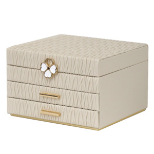 Jewellery Trinket Boxes: Jewellery Box PVC Champagne Leather Wrinkled with Lift Out Tray & 2 Drawers