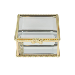 Jewellery Trinket Boxes: Glass Jewellery box Gold with Clear Glass (5.5 x 8.5 x 8.5 cm)